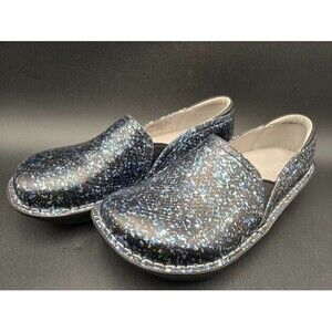 Alegria Womens Shoes 39 Black Blue Silver Leather Clogs DEB-7608